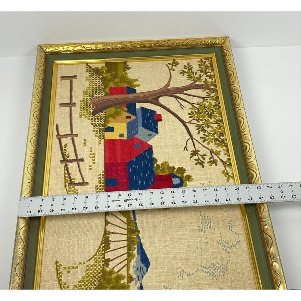 Vtg 1970 Needlepoint Cross Stitch Framed Country Farm Decor Cabin 23x33 in Large - Picture 10 of 10